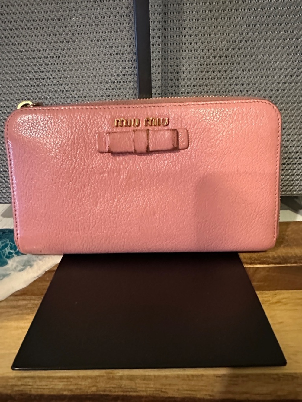 Miu Miu Rose Pink Leather Zip Around Wallet with Bow Accent